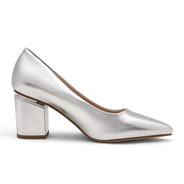 Classic Pointed Toe Block Heel Pumps - SILVER PU - 2